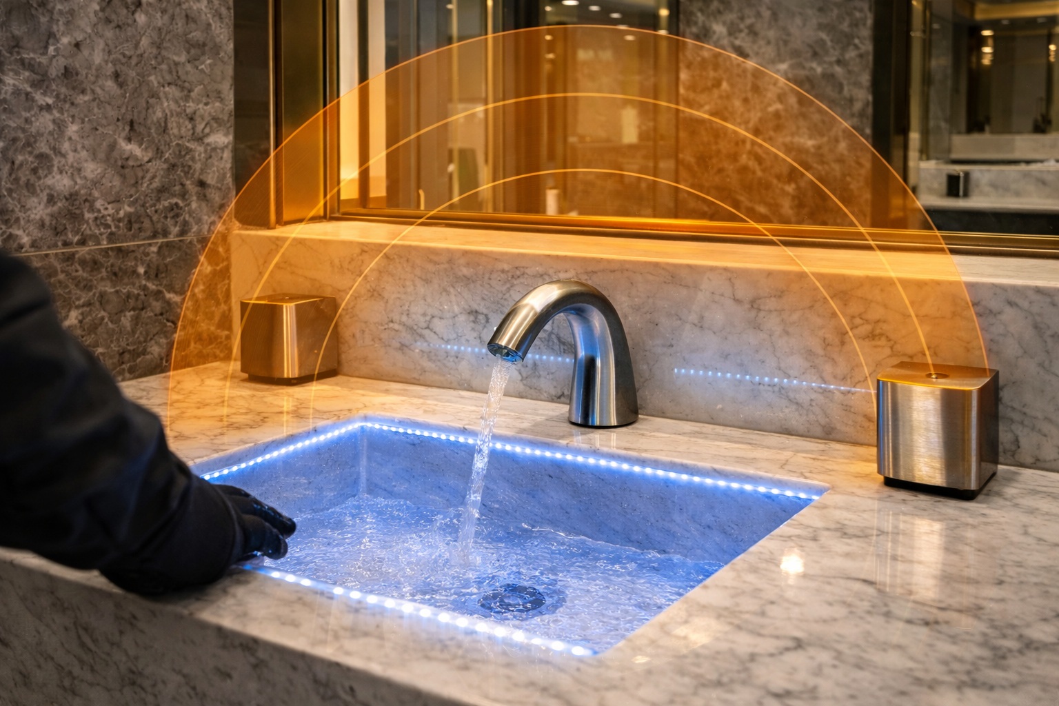 Spout reach and basin depth coordination to reduce nuisance sensor triggers